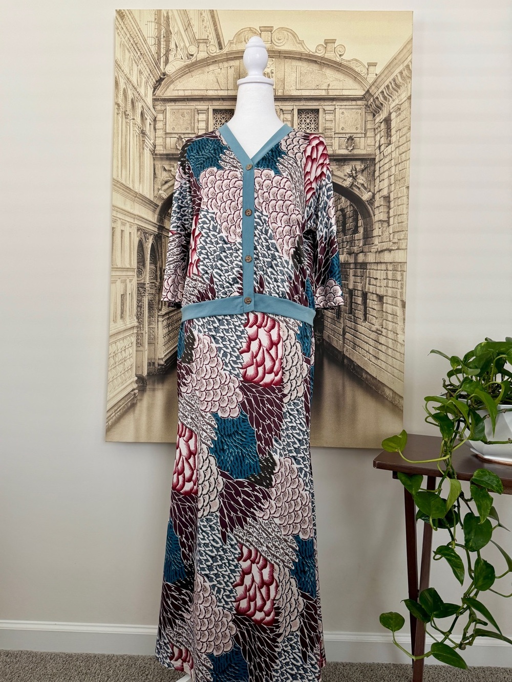 Vintage Style Abstract Floral Button-Down Maxi Dress Slate Blue Trim Size M